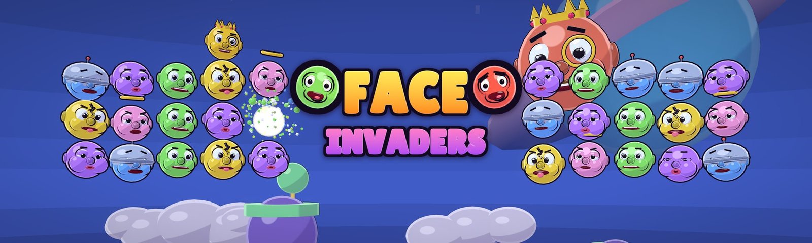 Face Invaders key art: rows of goofy flying faces on both sides of the game's logo, a crowned King face behind them