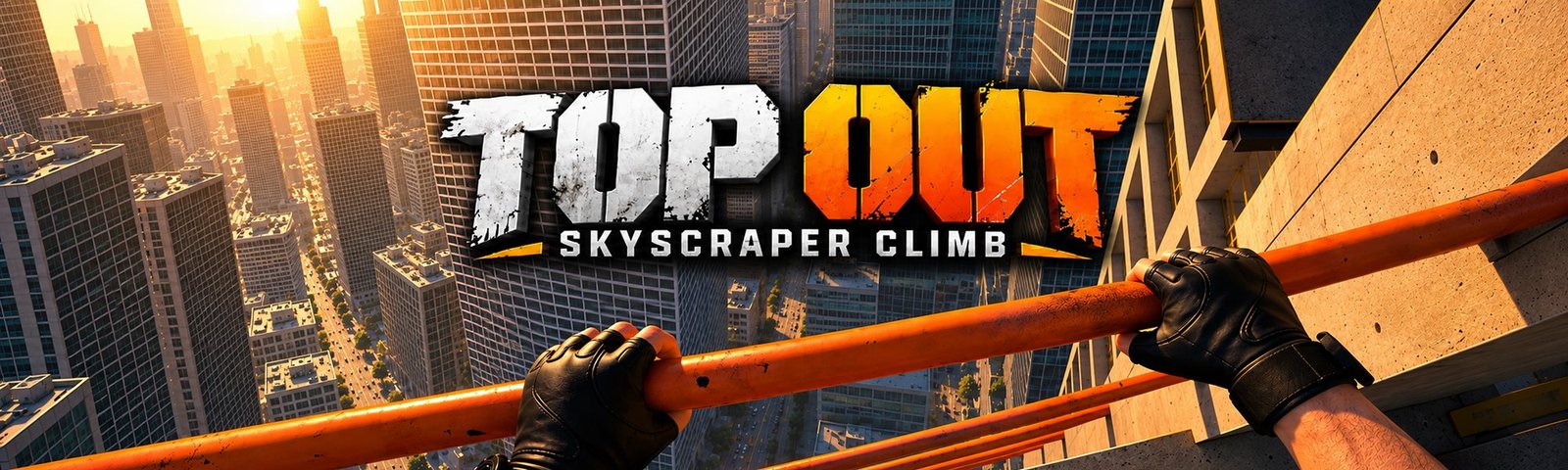 Top Out: Skyscraper Climb key art: gloved hands gripping an orange rail high above a sunlit city canyon